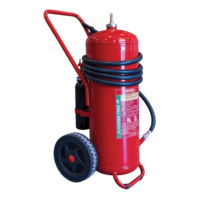 LALIZAS Fire Extinguisher Wheeled PFAS Free Foam, Cartridge Operation ,Stainless Steel, with Hose & Horn, SOLAS/MED (EN,GR,ES,CN) image